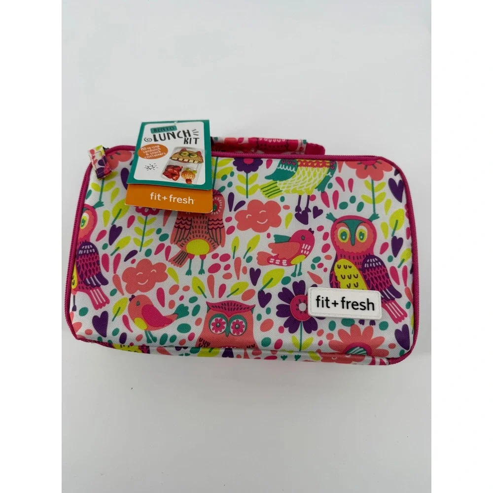 Fit + Fresh Bento Lunch Kit Insulated Bag Containers Owl Print Pink Multi New